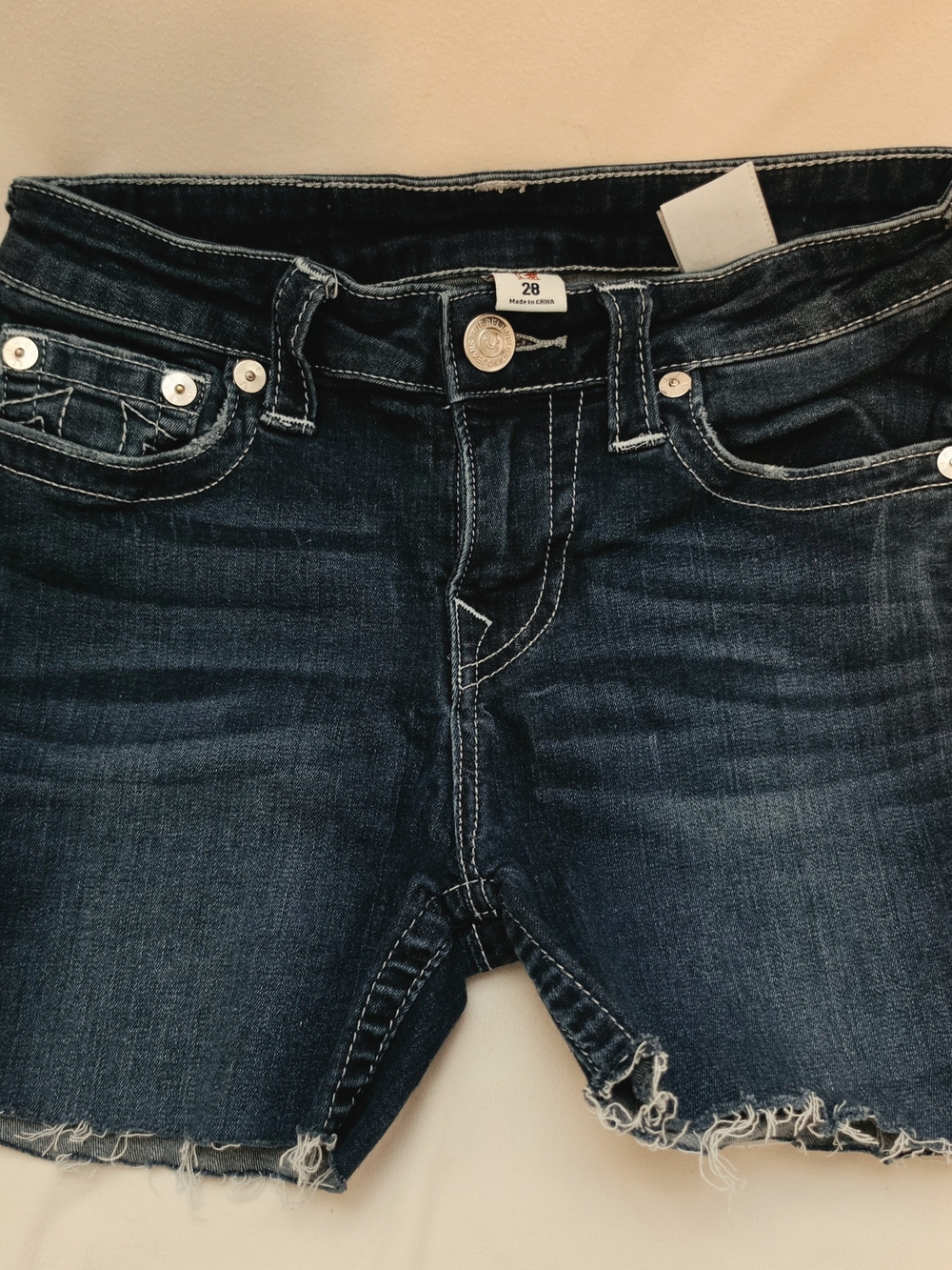 True Religion Dark Blue Distressed Denim Cutoff Shorts